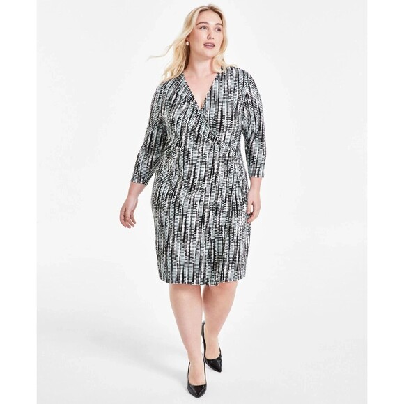 Kasper Women's Plus Size 3/4-sleeves Printed Wrap-Style Dress Black Sea Glass 3X - Picture 1 of 8